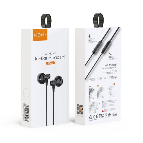 VIDVIE Noise Isolating Bass Earbuds Driven Sound Headphones HS651 3.5mm Black