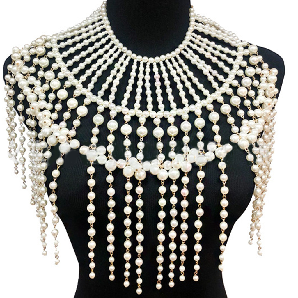 VIEGINE Exaggerated Layered Jewelry Shoulder Body Chain Harness Pearl Beaded Fringed Tassel Bib Choker Necklace Fake Collar - image 1 of 6