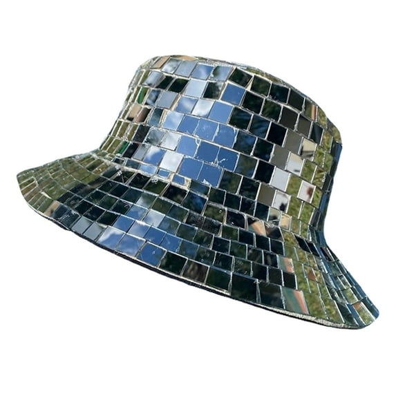 VIEGINE Glitter Mirror Disco Bucket Hat Disco Ball Hats for DJ Sequins Bucket Hat