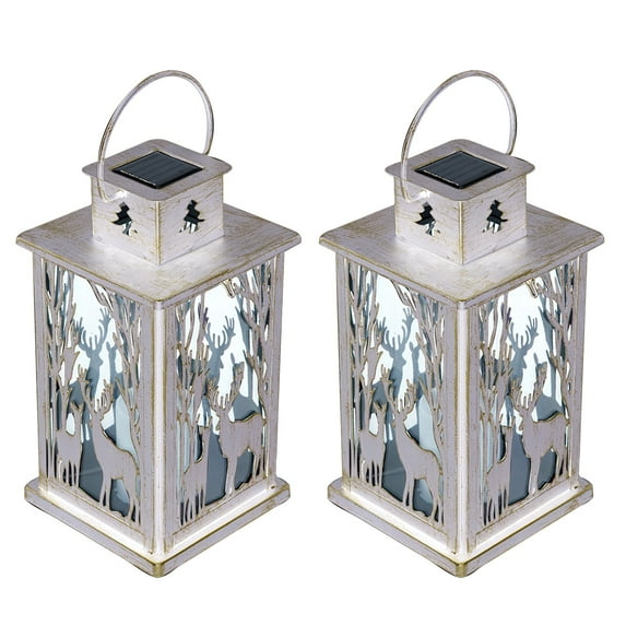 VIEROLA Metal Solar Lantern with Flameless Candle, 14" Reindeer Garden Decor Lantern, 2Pack (White)