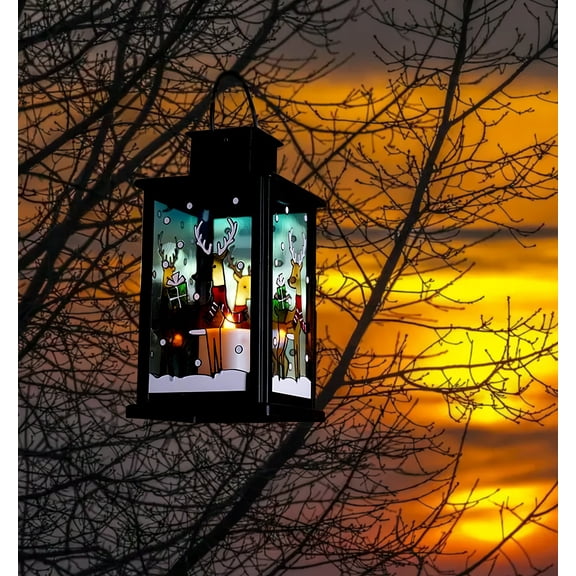 VIEROLA Metal Solar Lantern with Flameless Candle, 14 inch Camping and Garden Lantern (Reindeer)