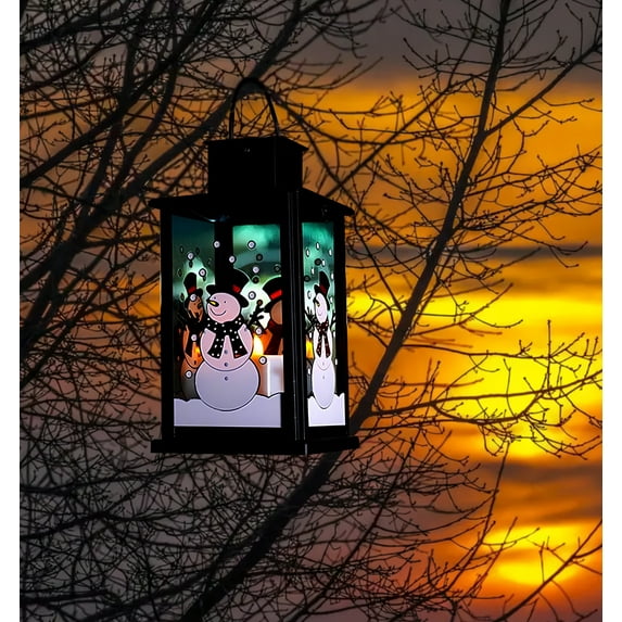 VIEROLA Metal Solar Lantern with Flameless Candle, 14 inch Camping and Garden Lantern (Snowman)