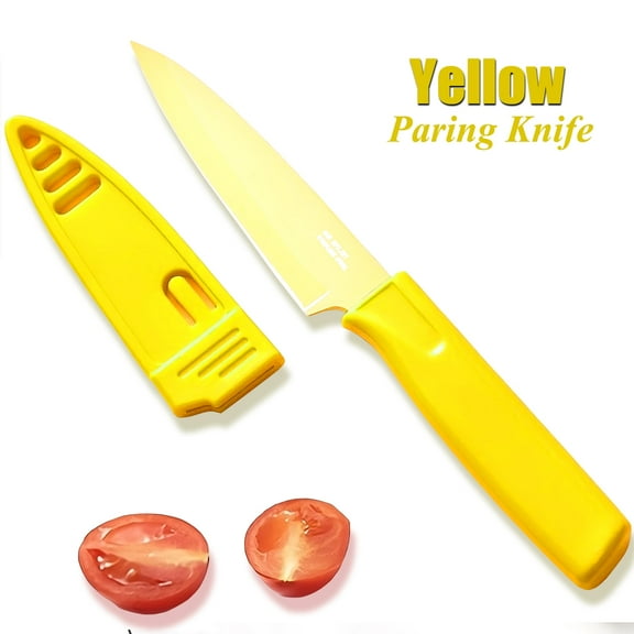 VIEROLA Paring Knife with Safety Sheath, 4" Stainless Steel Fruit Knife, Nonstick Coated - Yellow