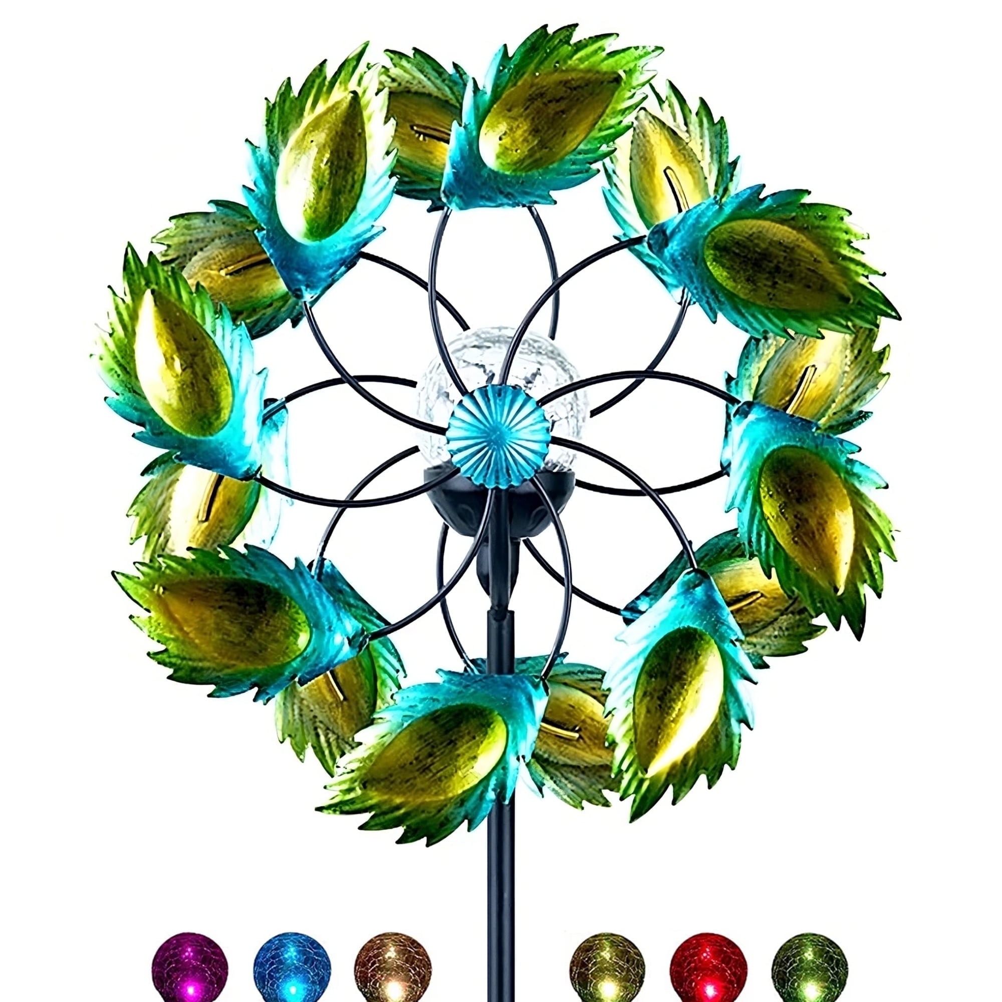 VIEROLA Wind Spinner, 59 inch Metal Wind Spinners with Solar LED Light, Peacock Feather Windmill