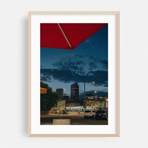 VIEW FROM THE GOOD TIMES PARKING LOT - Denver Colorado Photography Cityscape Skyline Nightlife Architecture Street Photography Night Sky Oak Framed Wall Art Print 5 x 7 inches