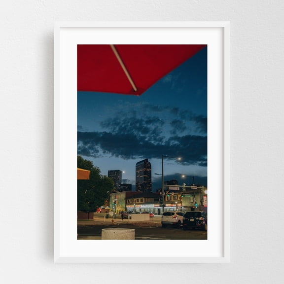 VIEW FROM THE GOOD TIMES PARKING LOT - Denver Colorado Photography Cityscape Skyline Nightlife Architecture Street Photography Night Sky White Framed Wall Art Print 5 x 7 inches