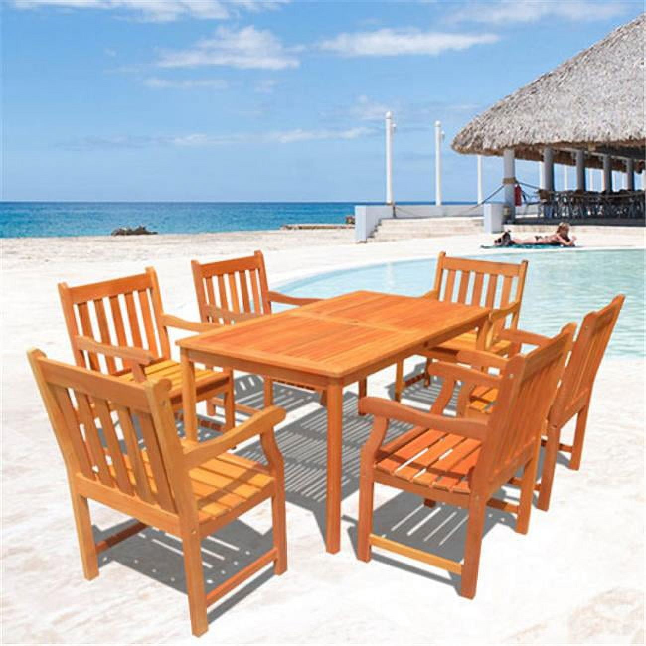 VIFAH Malibu Outdoor 7piece Wood Patio Dining Set Oiled Rubbed