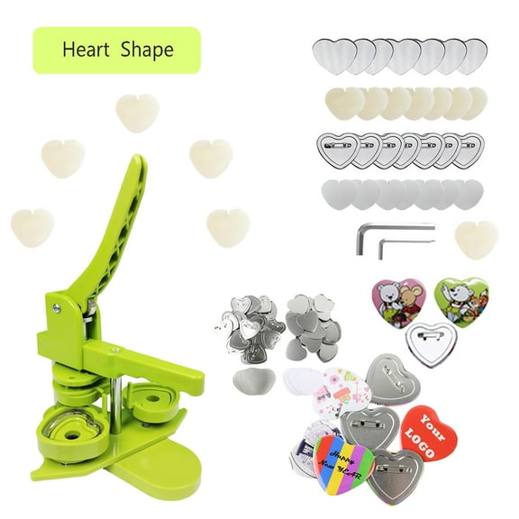 VIFERR DIY Heart Shaped DIY Full Metal Pin Button Maker Machine Installation-Free Button Maker Badge Punch Press with 100pcs Button Parts Easy to Use Best Gift for Kids Christmas Party Present (Green)