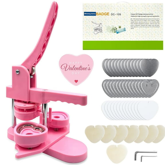 VIFERR Heart Shaped Button Maker Machine, Button Press Machine with 100pcs Heart Button Parts DIY Pins Making Kit Gift for Kids (Pink)