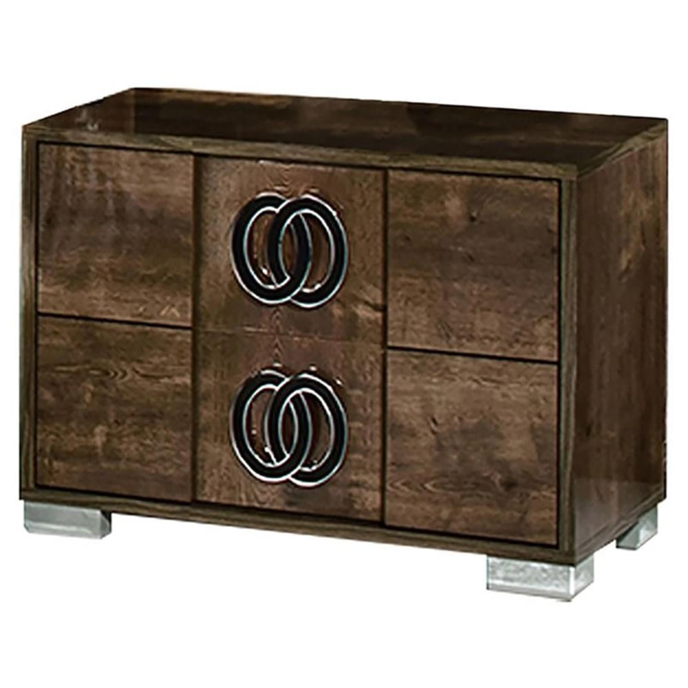 Athen Brown Wood Veneer 2-Drawer Nightstand with Chrome Accents
