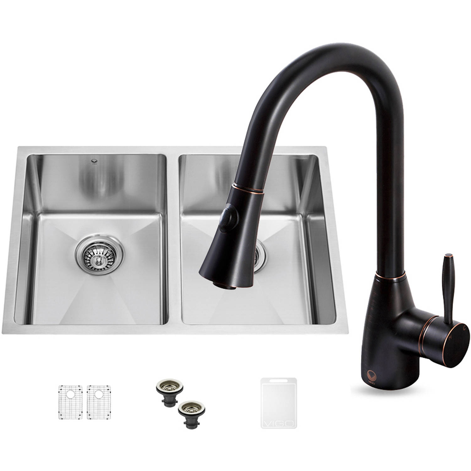 VIGO 29" Undermount Stainless Steel 16-Gauge Stainless Steel Double Kitchen Sink and Aylesbury Antique Rubbed Bronze Pull-Down Spray Kitchen Faucet - image 1 of 6