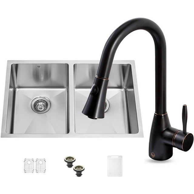 VIGO 29" Undermount Stainless Steel 16-Gauge Stainless Steel Double Kitchen Sink and Aylesbury Antique Rubbed Bronze Pull-Down Spray Kitchen Faucet