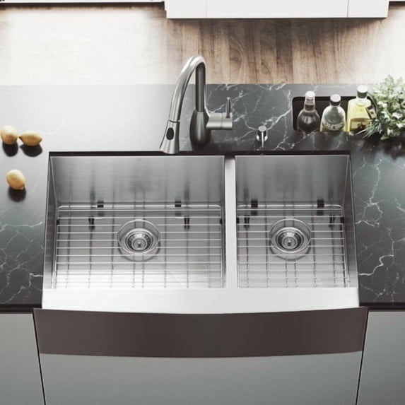 VIGO All in One 36'' L x 22'' W Double Basin Farmhouse Kitchen Sink with Faucet and Sink Grid