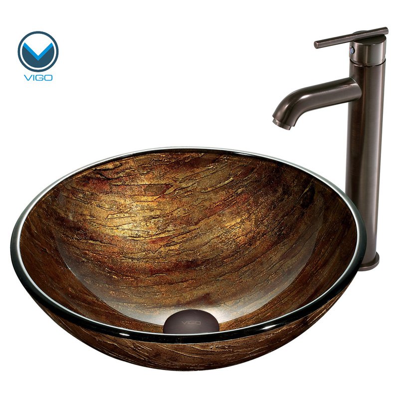 VIGO Amber Sunset Glass Vessel Sink and Faucet Set in Rubbed Bronze
