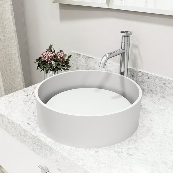 VIGO Anvil Matte Stone Composite Round Vessel Bathroom Sink in White with Dior Faucet and Pop-Up Drain in Chrome