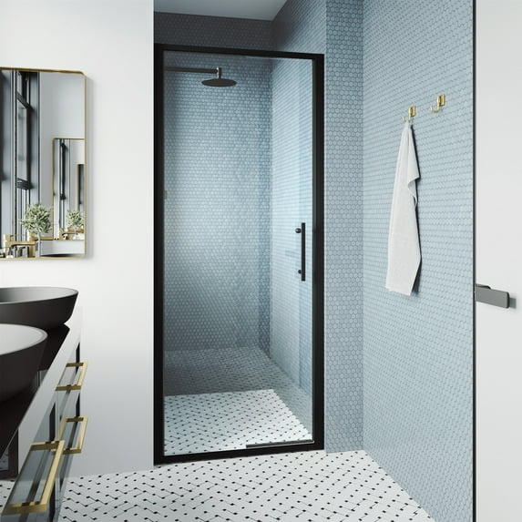 VIGO Astoria 30 in. W x 76 in. H Space Saving Framed Pivot Shower Door in Matte Black with Clear Glass-VG6079MBCL3076