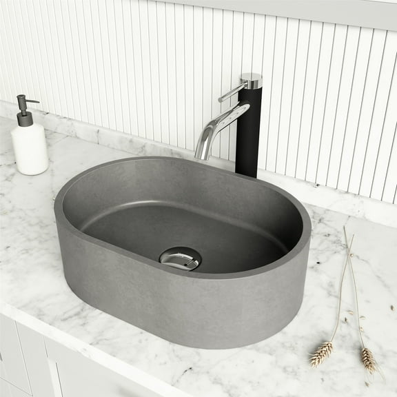 VIGO Concreto Stone 16 in. Concrete Oval Vessel Bathroom Sink in Gray with Lexington Faucet and Pop-Up Drain in Chrome