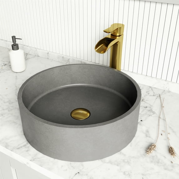 VIGO Concreto Stone Concrete Round Vessel Bathroom Sink in Gray with Niko Faucet and Pop-Up Drain in Matte Gold