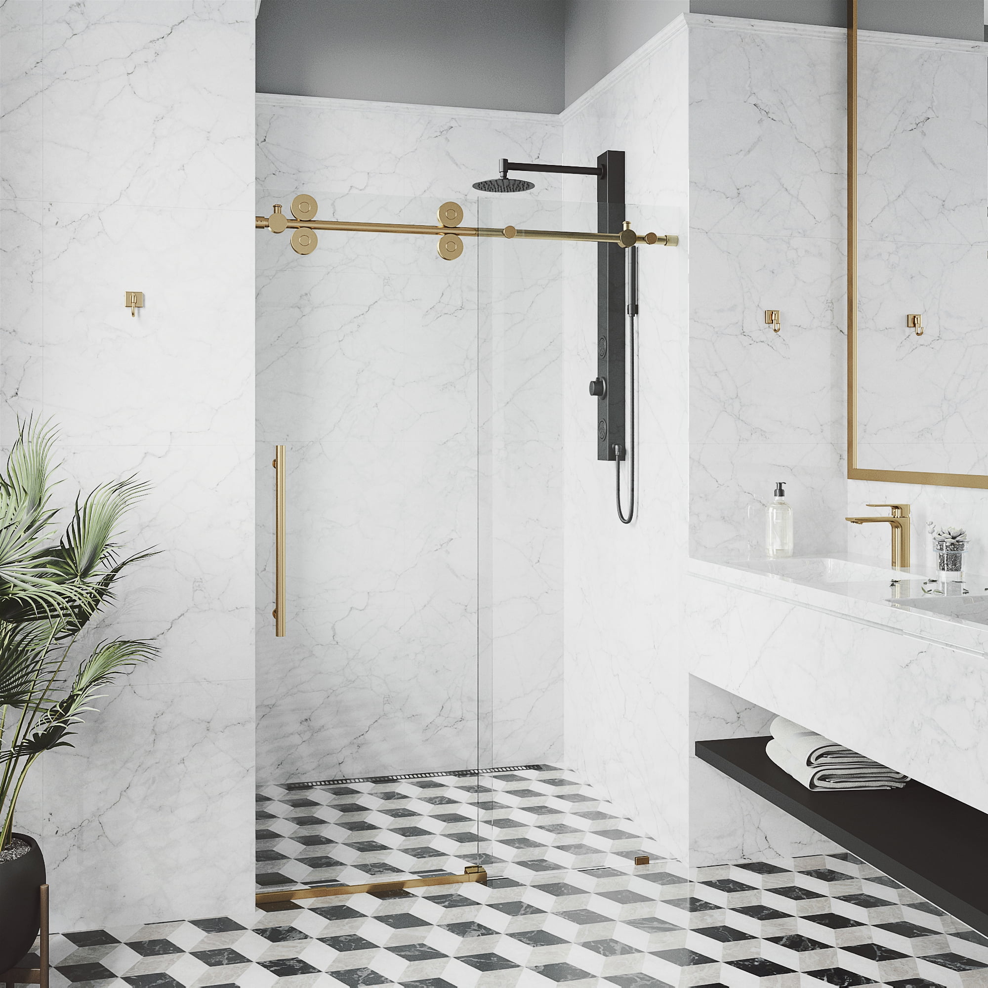 Elan 44-48" Matte Brushed Gold Frameless Sliding Shower Door with Clear Glass