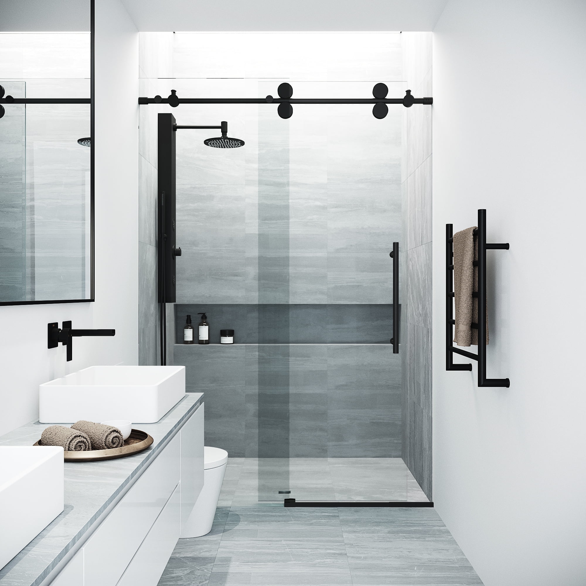 Elan Matte Black Frameless Sliding Shower Door with Clear Glass