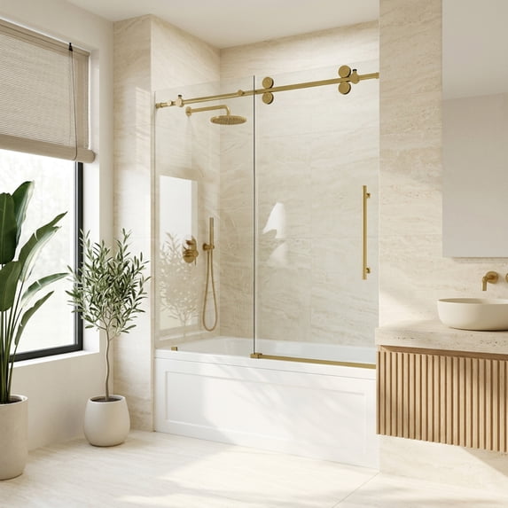 VIGO Elan 56 to 60 in. W x 66 in. H Sliding Frameless Tub Door in Matte Brushed Gold with 3/8 in. (10mm) ProtecGlass