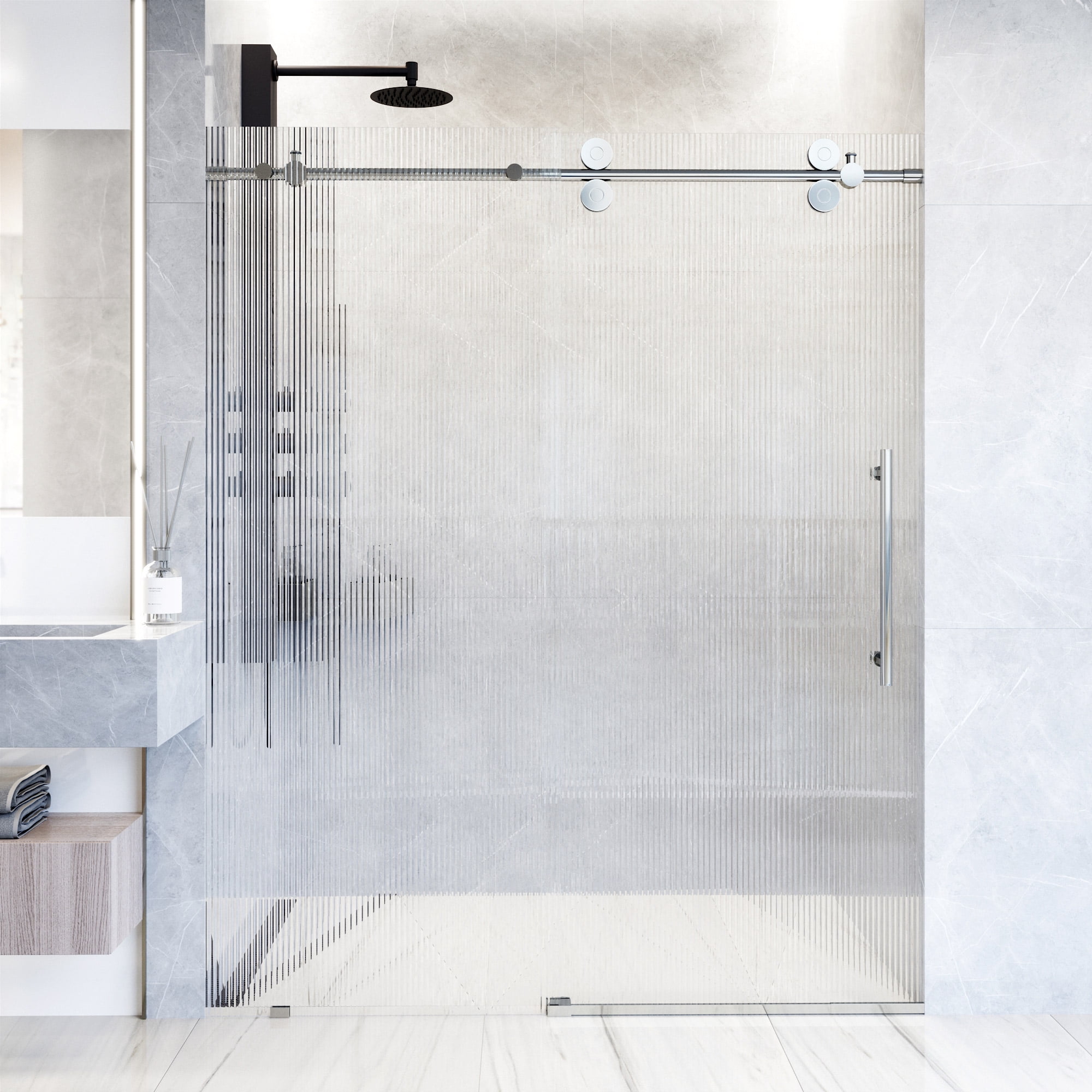 Elan 72" Frameless Sliding Shower Door with Fluted Glass and Black Hardware