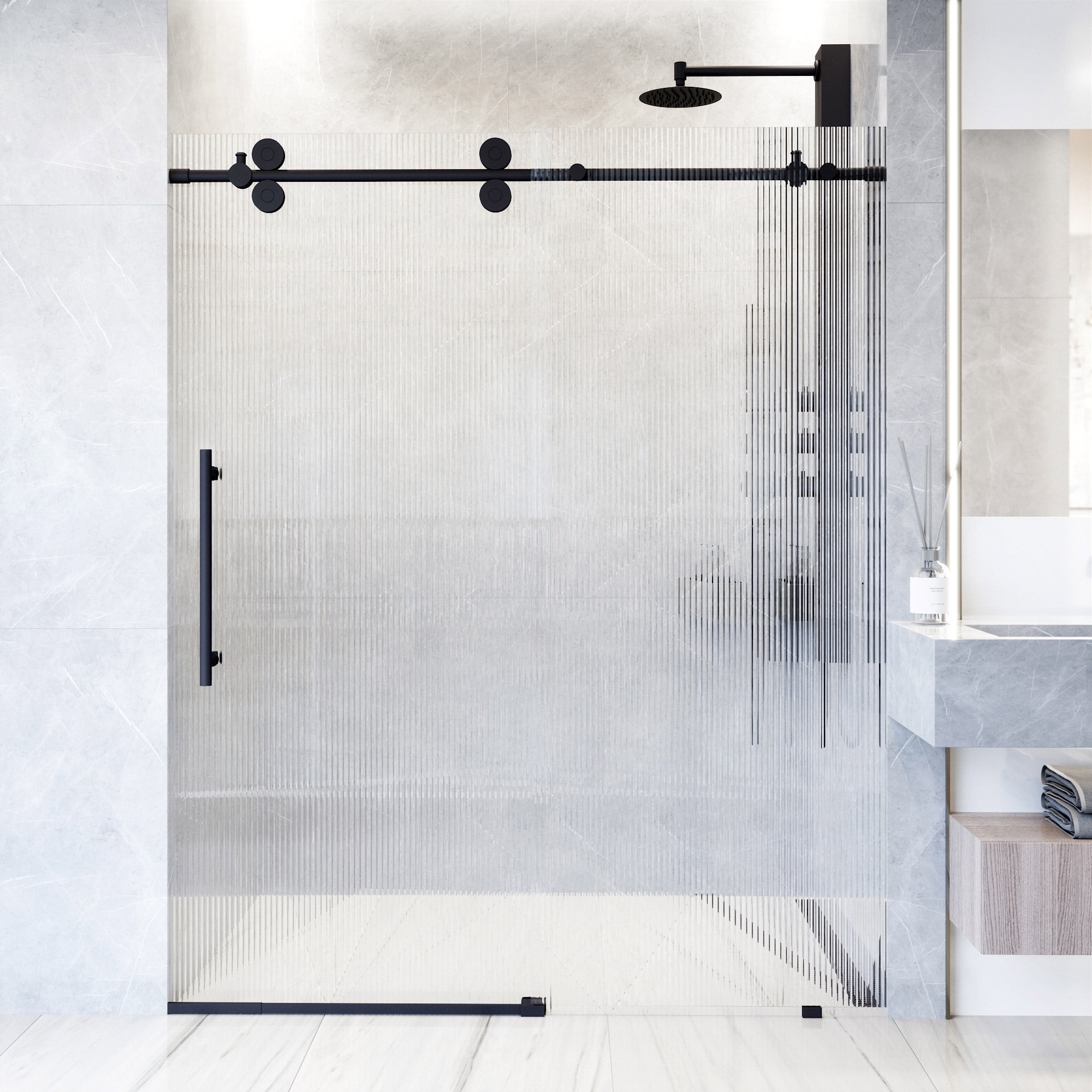 Elan Matte Black Frameless Sliding Shower Door with Fluted Glass
