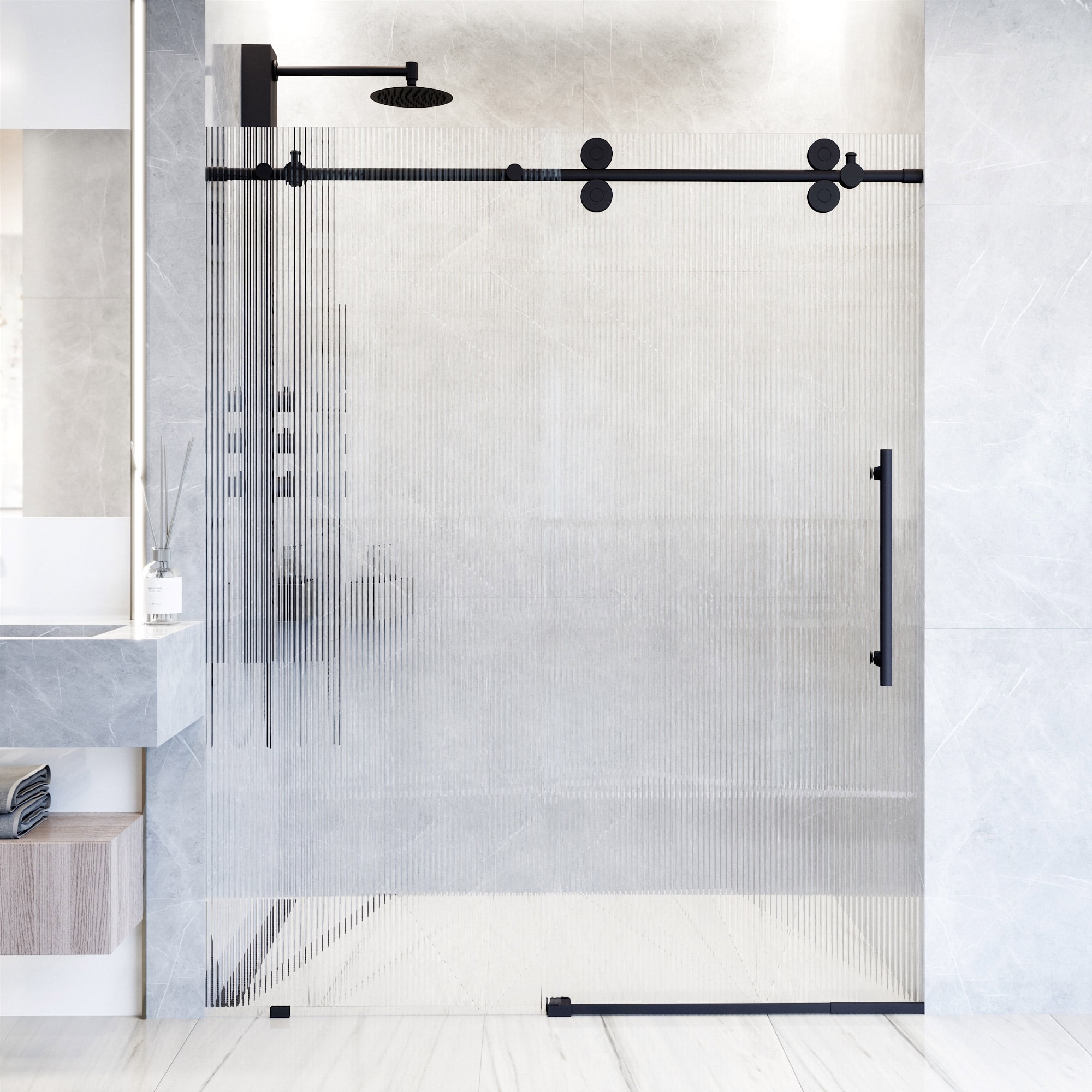 Elan Matte Black Frameless Sliding Shower Door with Fluted Glass