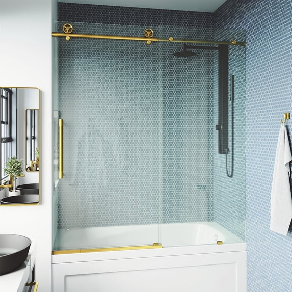 VIGO Elan Cass Aerodynamic 56 to 60 in. W x 66 in. H Sliding Frameless Tub Door in Matte Gold with 3/8 in. Clear Glass