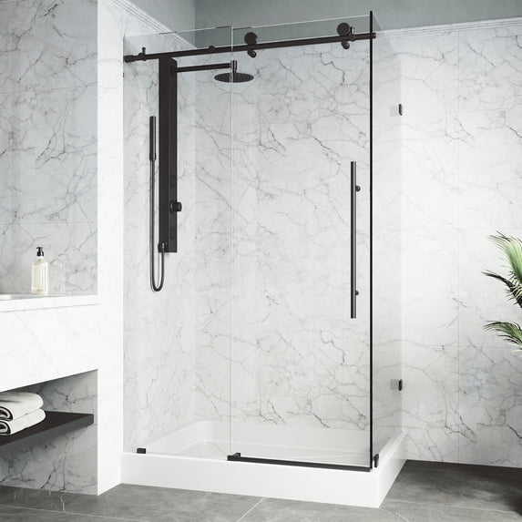 VIGO Elan E-Class 36 in. L x 48 in. W x 82 in. H Frameless Sliding Shower Enclosure Kit in Matte Black with Clear Glass
