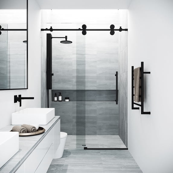 VIGO Elan 44 to 48 in. W x 74 in. H Frameless Sliding Shower Door in Matte Black with 3/8 in. (10 mm) Clear Glass