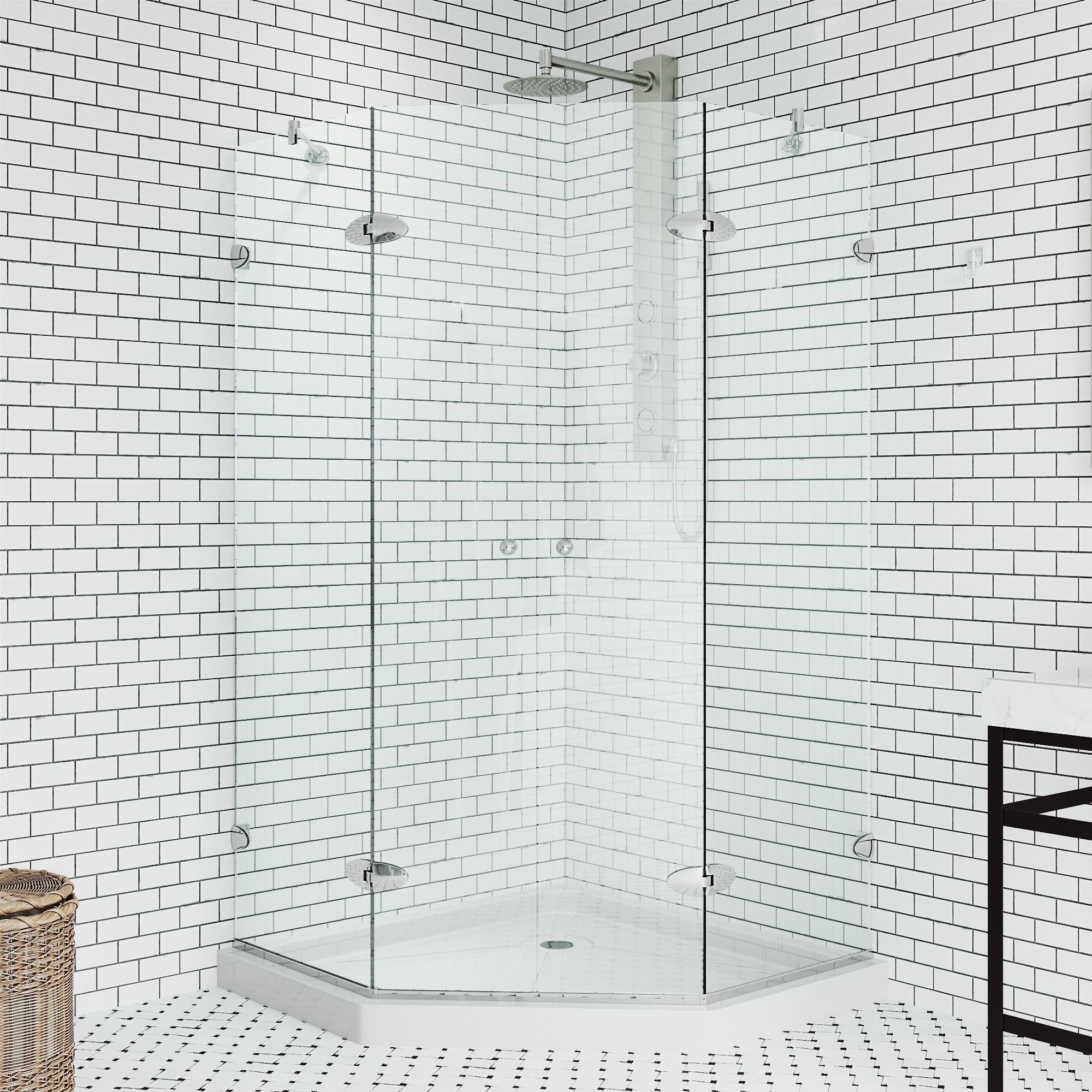 Gemini Frameless Clear Glass Neo-Angle Shower Enclosure with Brushed Nickel Hardware