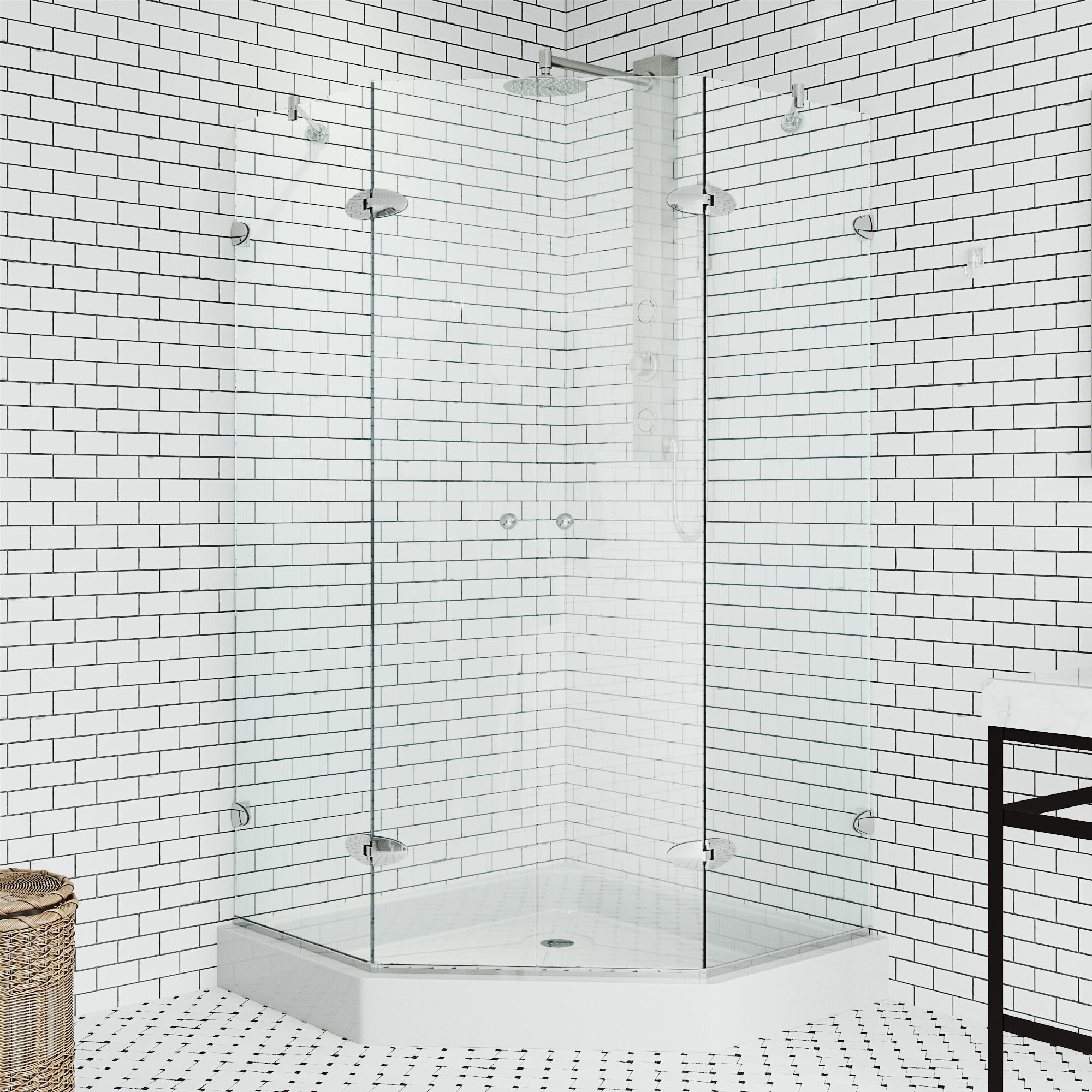 VIGO Gemini 42 in. L x 42 in. W x 79 in. H Frameless Hinged Neo-angle Shower Enclosure Kit in Chrome with 3/8 in. Clear Glass