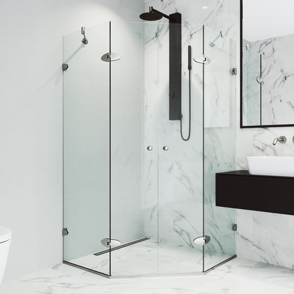 VIGO Gemini 45 in. L x 45 in. W x 73 in. H Frameless Hinged Neo-angle Shower Enclosure in Brushed Nickel with Clear Glass