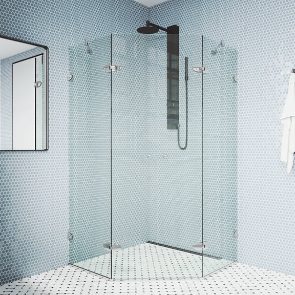 VIGO Gemini 45 in. L x 45 in. W x 73 in. H Frameless Hinged Neo-angle Shower Enclosure in Chrome with 3/8 in. Clear Glass