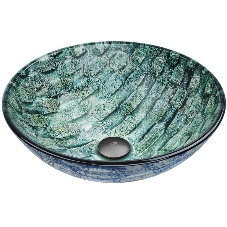 VIGO Oceania Handmade Glass Round Vessel Bathroom Sink in Patterned Teal VIGO Oceania Handmade Glass Round Vessel Bathroom Sink in Patterned Teal