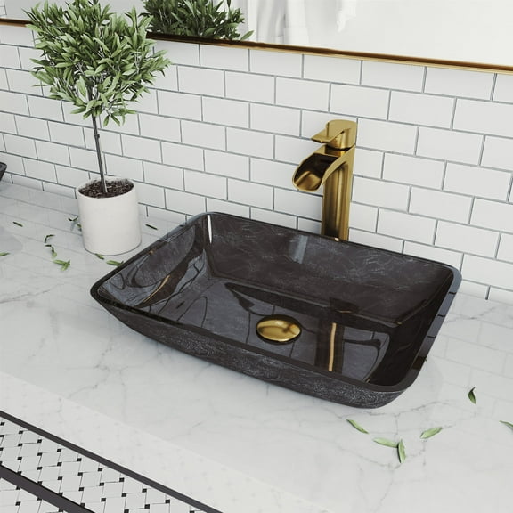 VIGO Glass Rectangular Vessel Bathroom Sink in Onyx Gray with Niko Faucet and Pop-Up Drain in Matte Gold