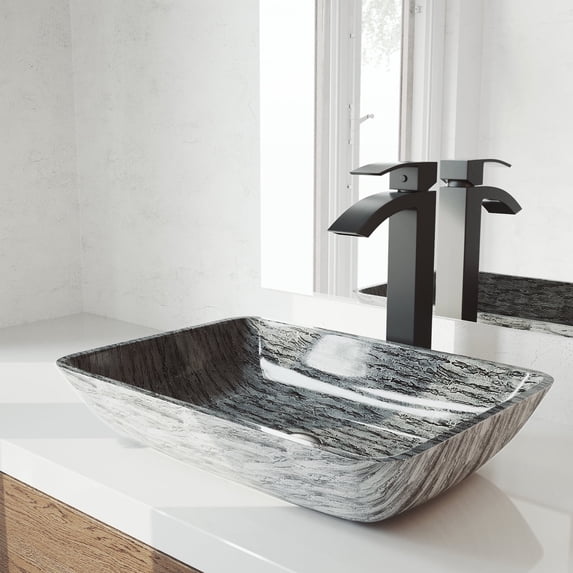 VIGO Glass Rectangular Vessel Bathroom Sink in Titanium Gray with Duris Faucet and Pop-Up Drain in Matte Black