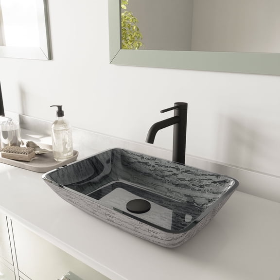 VIGO Glass Rectangular Vessel Bathroom Sink in Titanium Gray with Lexington Faucet and Pop-Up Drain in Matte Black