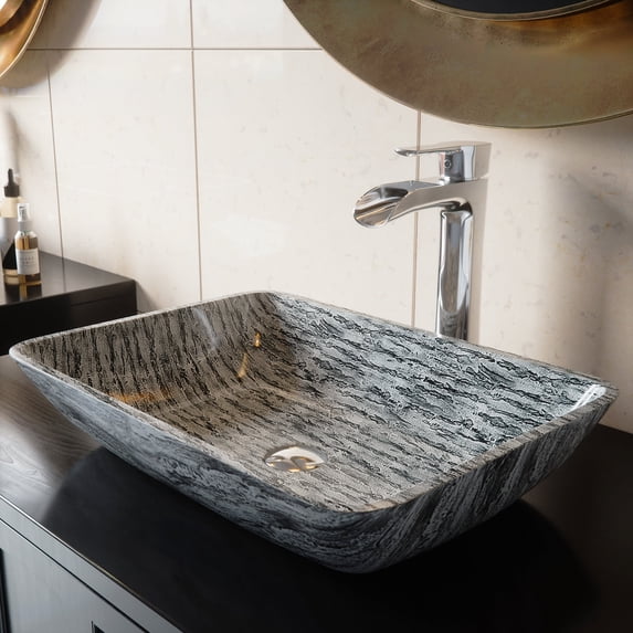 VIGO Glass Rectangular Vessel Bathroom Sink in Titanium Gray with Niko Faucet and Pop-Up Drain in Chrome