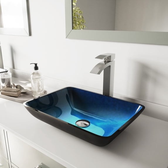 VIGO Glass Rectangular Vessel Bathroom Sink in Turquoise Blue with Duris Faucet and Pop-Up Drain in Brushed Nickel