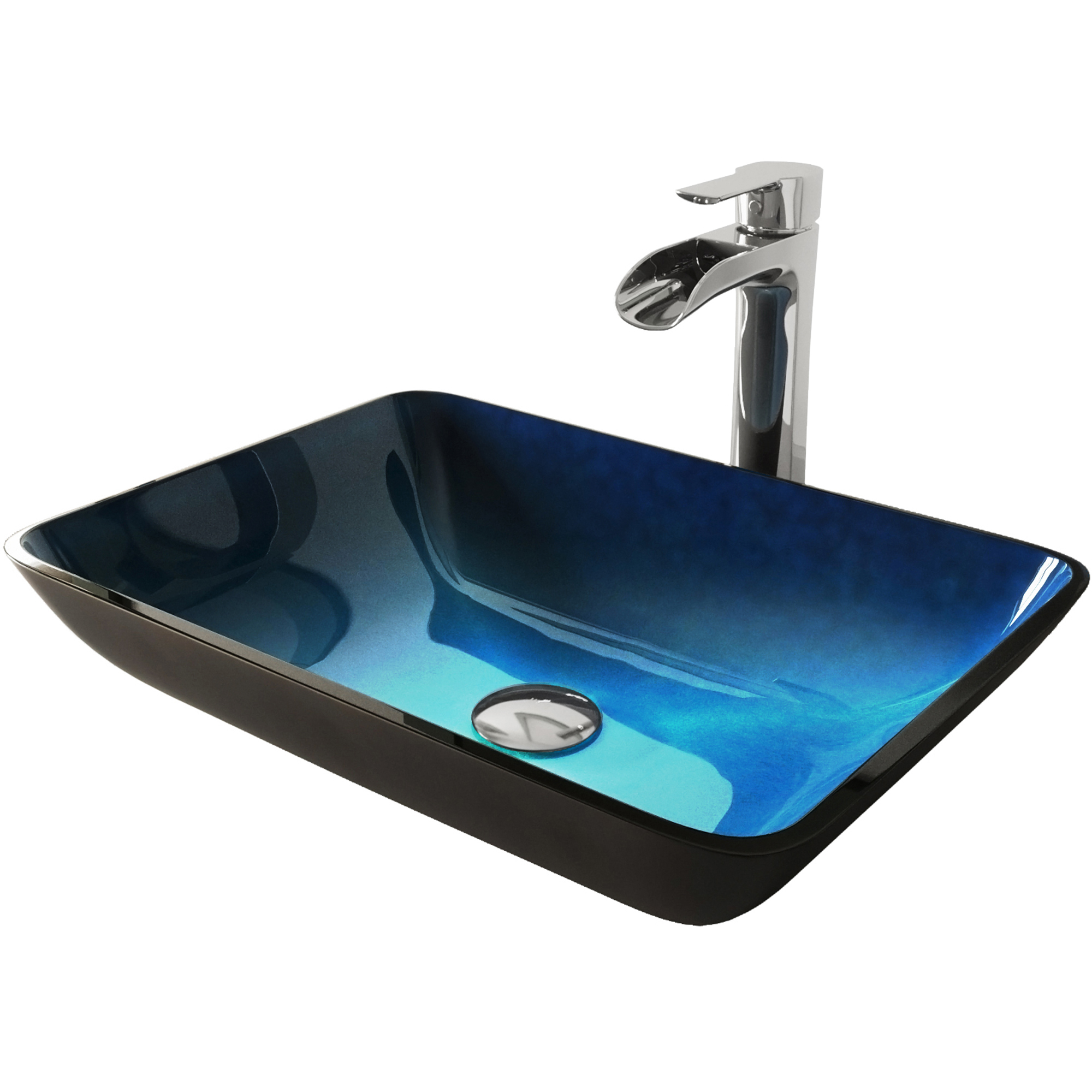VIGO Glass Rectangular Vessel Bathroom Sink in Turquoise Blue with Niko