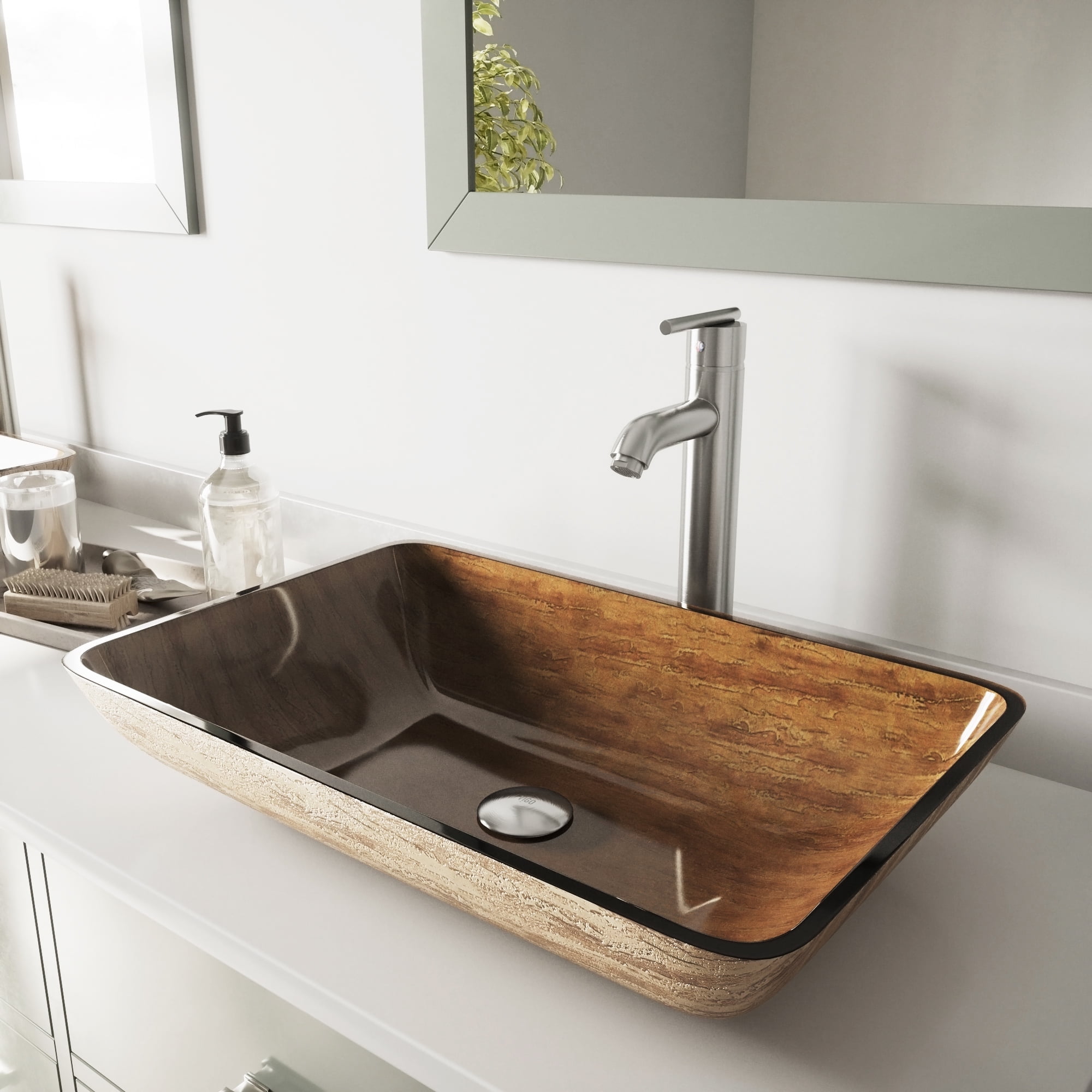 VIGO Rectangular Glass Vessel Bathroom Sink, Wooden Brown, Seville ...