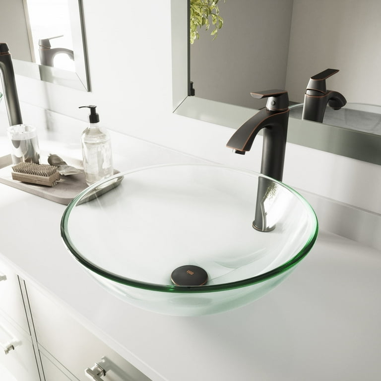 VIGO Glass Vessel Bathroom Sink in Clear Crystalline and Linus Vessel Faucet Set in Antique Rubbed Bronze VIGO Glass Vessel Bathroom Sink in Clear Crystalline and Linus Vessel Faucet Set in Antique Rubbed Bronze