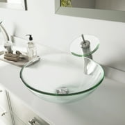 VIGO Glass Round Vessel Bathroom Sink in Iridescent with Waterfall Faucet and Pop-Up Drain in Brushed Nickel