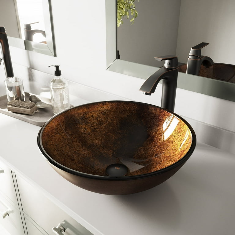 VIGO Glass Vessel Bathroom Sink in Russet and Linus Faucet Set in Antique Rubbed Bronze VIGO Glass Vessel Bathroom Sink in Russet and Linus Faucet Set in Antique Rubbed Bronze