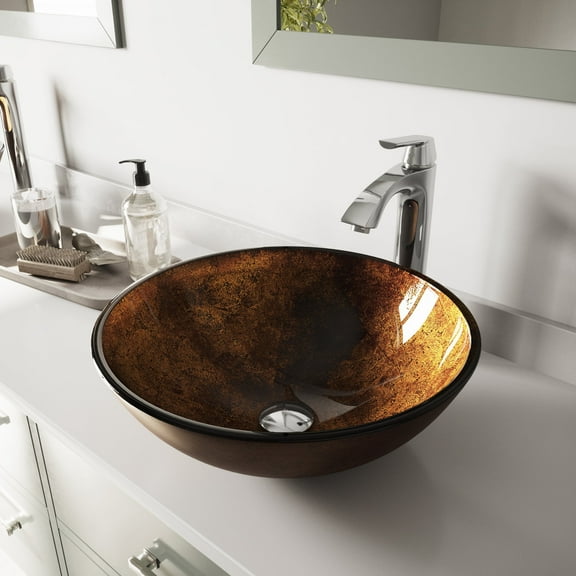 VIGO Glass Round Vessel Bathroom Sink in Russet Brown with Linus Faucet and Pop-Up Drain in Chrome