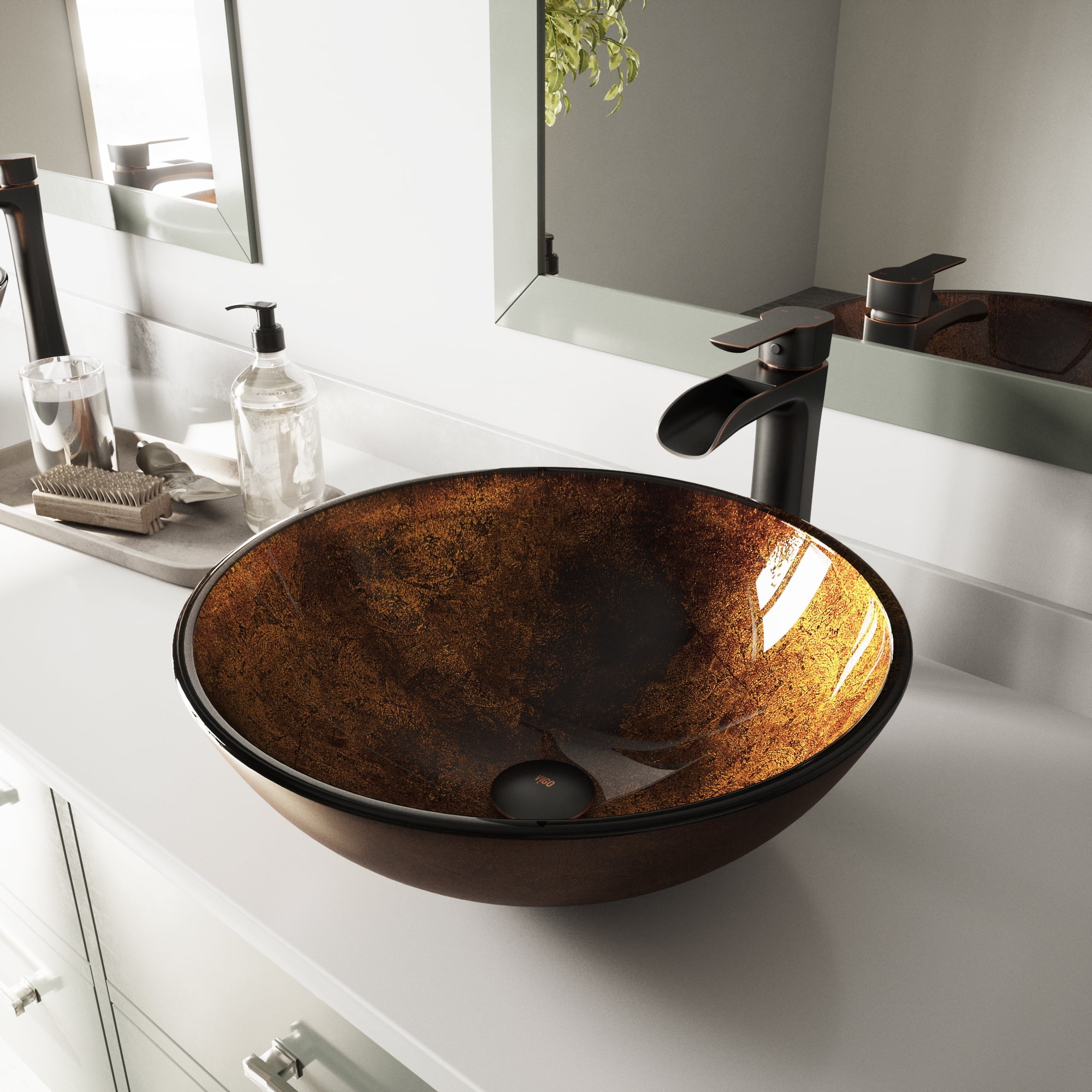 Russet Brown Round Glass Vessel Sink with Antique Bronze Faucet
