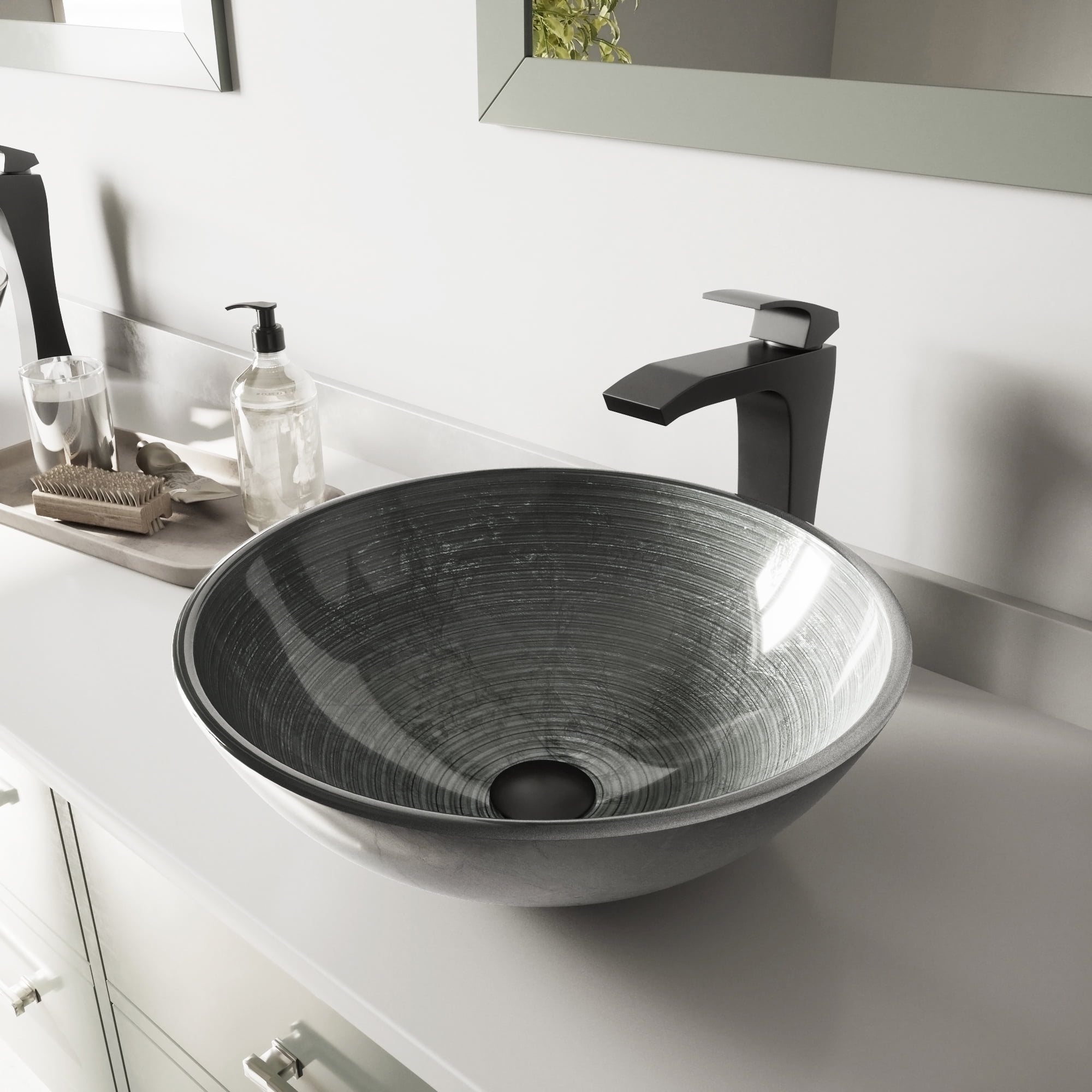 VIGO Glass Round Vessel Bathroom Sink in Silver with Blackstonian