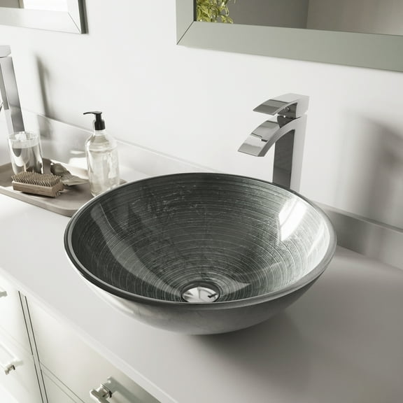 VIGO Glass Round Vessel Bathroom Sink in Silver with Duris Faucet and Pop-Up Drain in Chrome